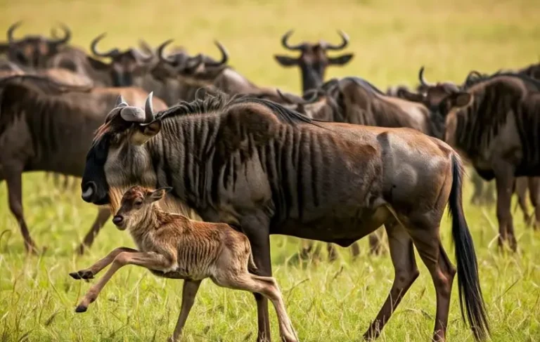 Wildebeest calving season in Ndutu plains showing newborn calves and herds grazing during the Great Wildebeest Migration in Tanzania