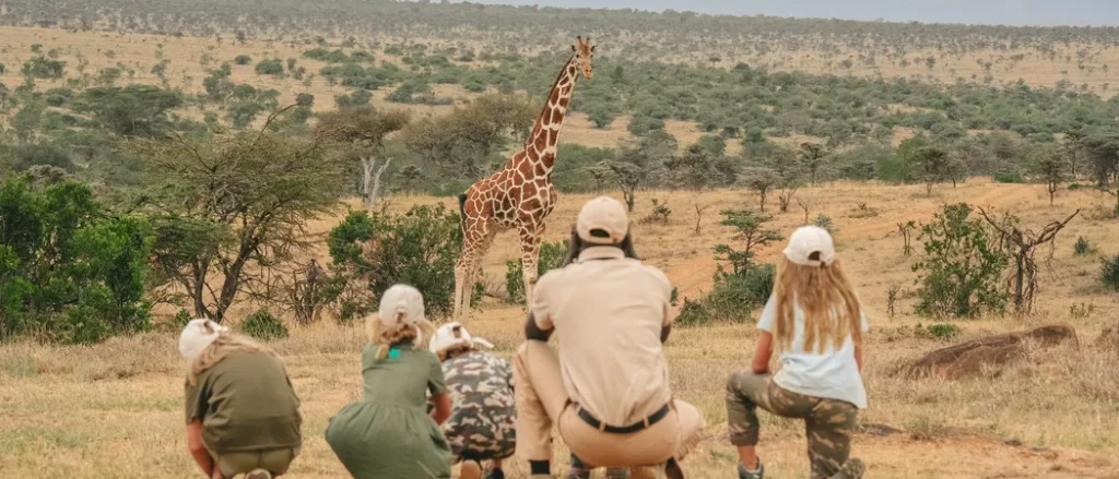Family on safari in Maasai Mara watching wildlife from a 4x4 vehicle in the open savannah