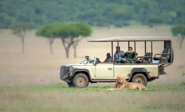 Luxury safari jeep exploring the Serengeti National Park plains during a wildlife game drive