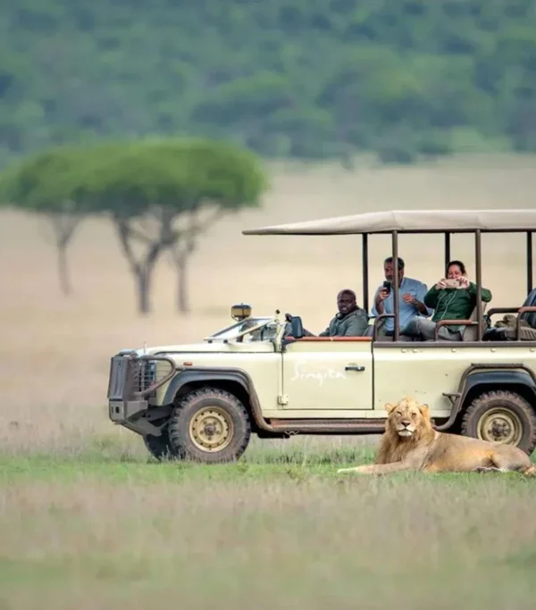 Luxury safari jeep exploring the Serengeti National Park plains during a wildlife game drive