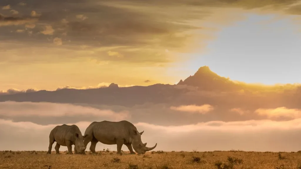 Endangered rhinos grazing under Mount Kenya views in Kenya safari reserve