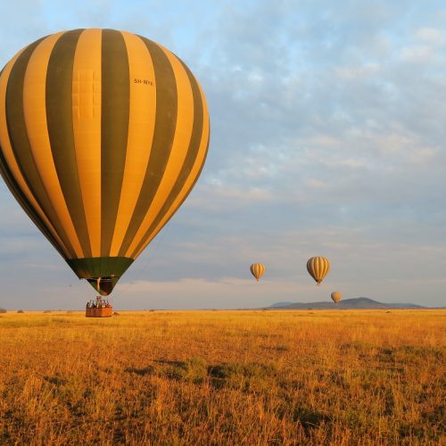 A colorful hot air balloon flying over the vast, golden savanna plains of the Maasai Mara at sunrise, with scattered acacia trees and small silhouettes of wildlife visible on the ground below.