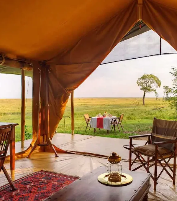 Luxury Kenya Safari Lodges in Maasai Mara featuring an elegant tented suite overlooking the savannah with wildlife views.