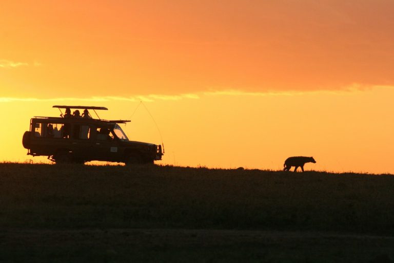 Safari vehicle silhouetted against an orange Kenyan sunset on a Kenya safari from the UK