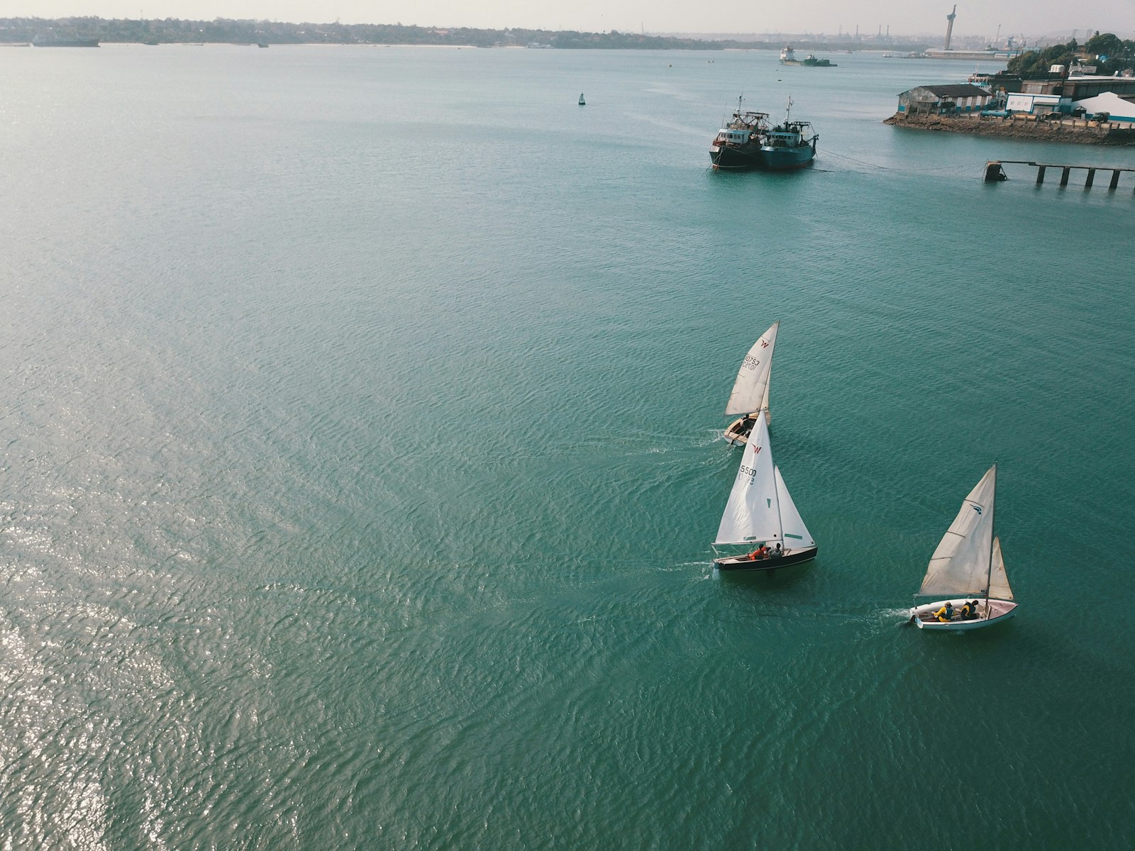 Three white-sailed boats on calm blue water off the Mombasa coast in Kenya