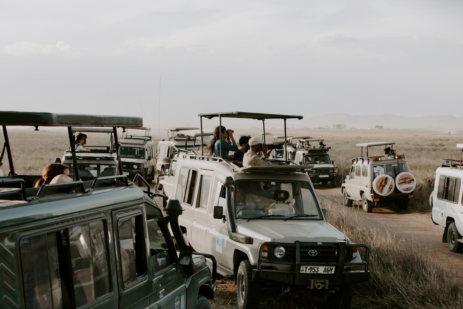 White and blue safari 4x4 parked on open brown grassland during a family game drive
