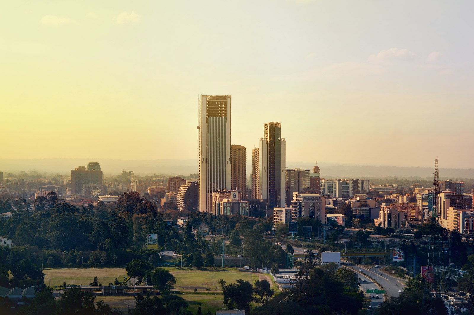 Nairobi city skyline on a clear day, seen by travellers who leave the airport on a layover