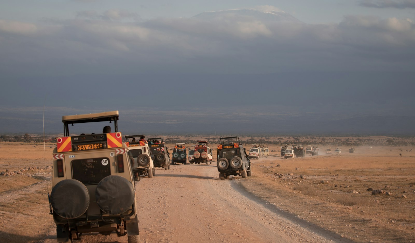 Several safari vehicles driving in convoy along a dirt road in Kenya