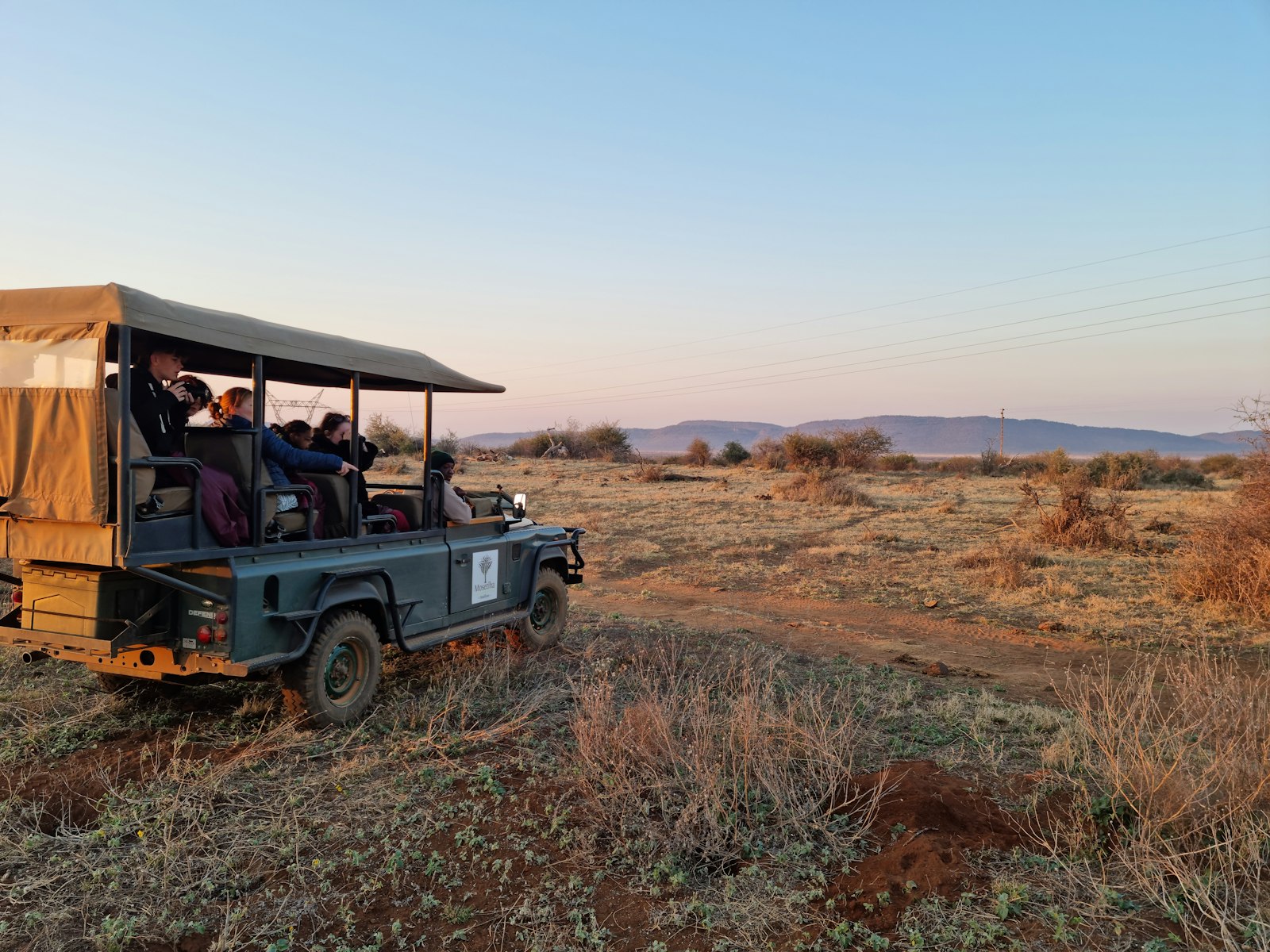 Travellers riding in the back of an open vehicle on a safari day out