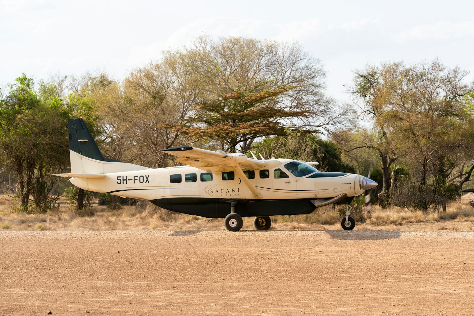 Small light aircraft parked on a dirt airstrip, typical of fly-in safari flights