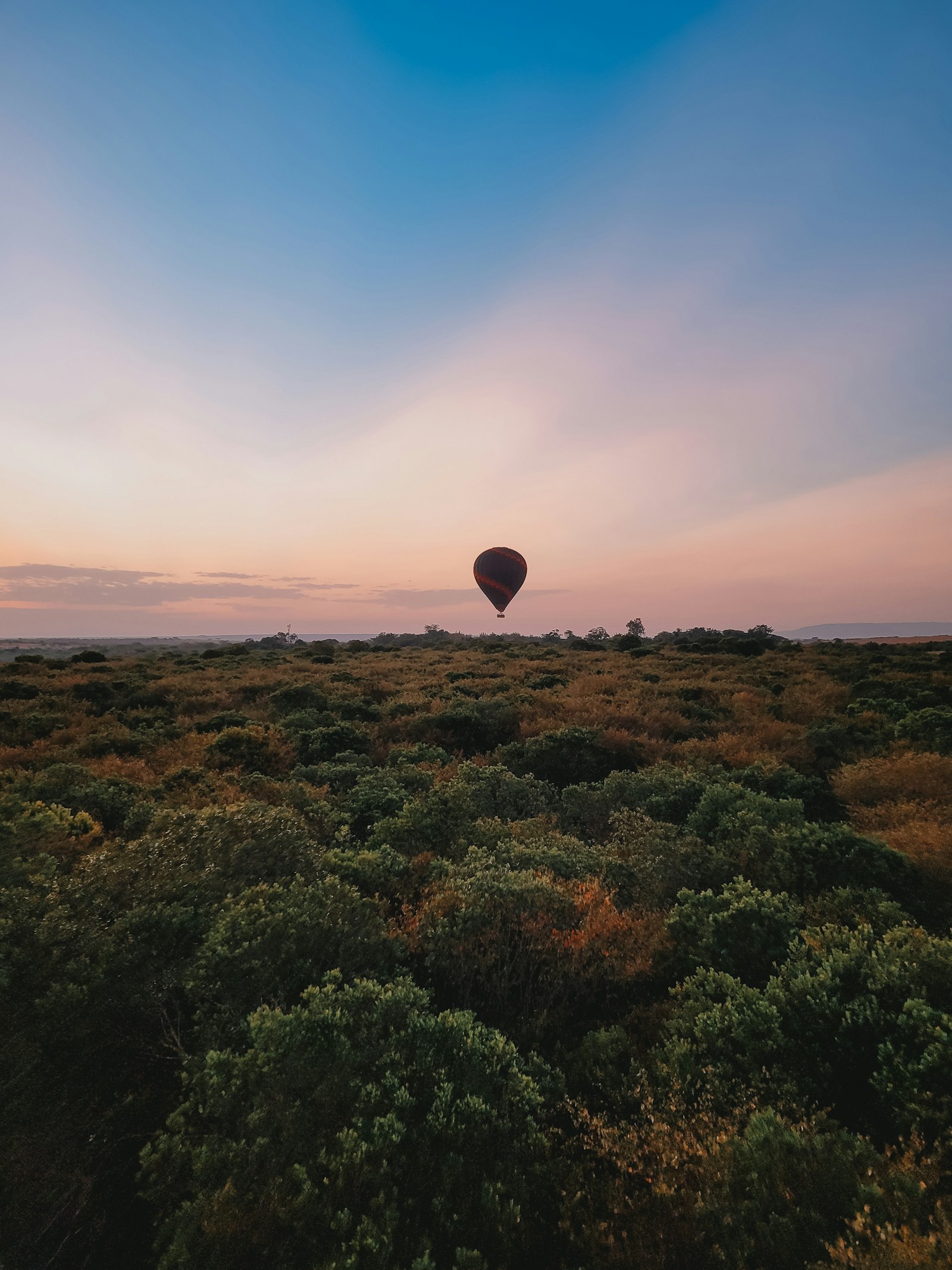 Hot air balloon drifting low over lush green grassland on a safari morning