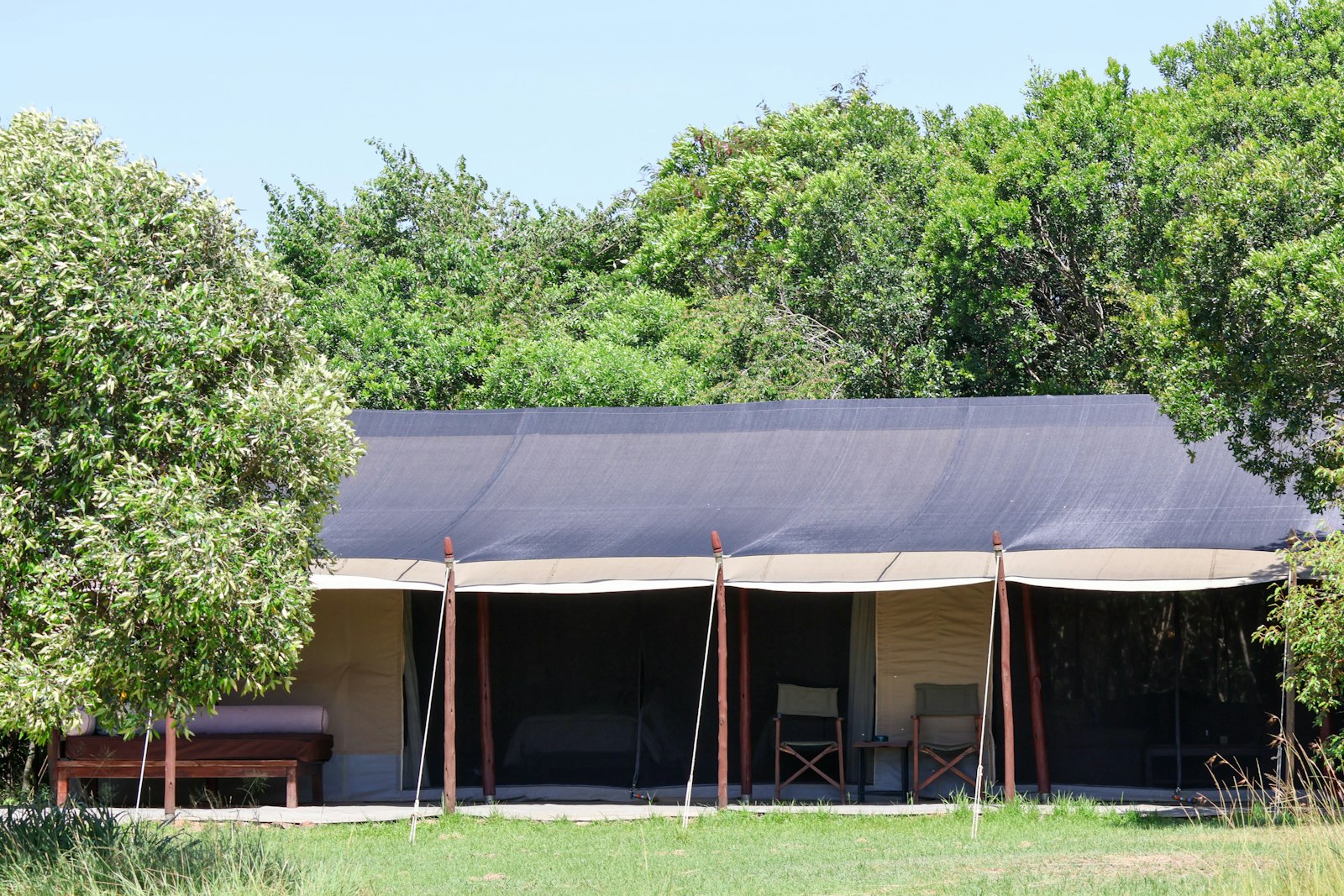 A single safari tent pitched in open grassland under a wide African sky