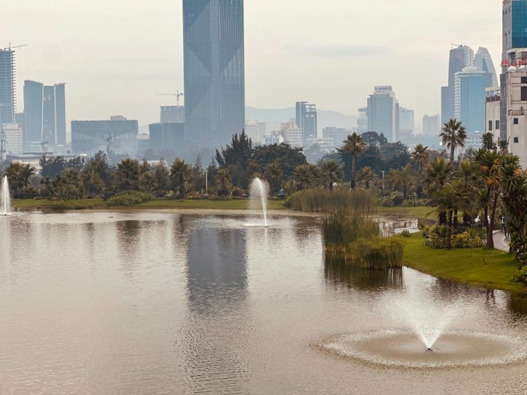 Nairobi vs Addis Ababa layover: Addis Ababa skyline behind the fountain lake at Friendship Park