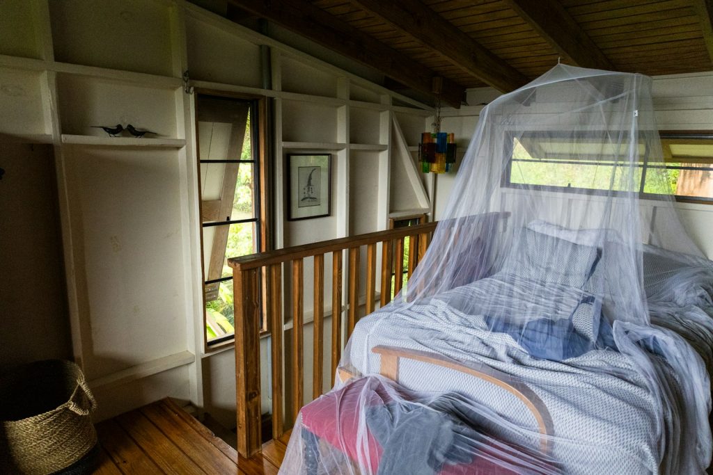 Kenya safari malaria precautions: bed draped with a mosquito net in a cosy room