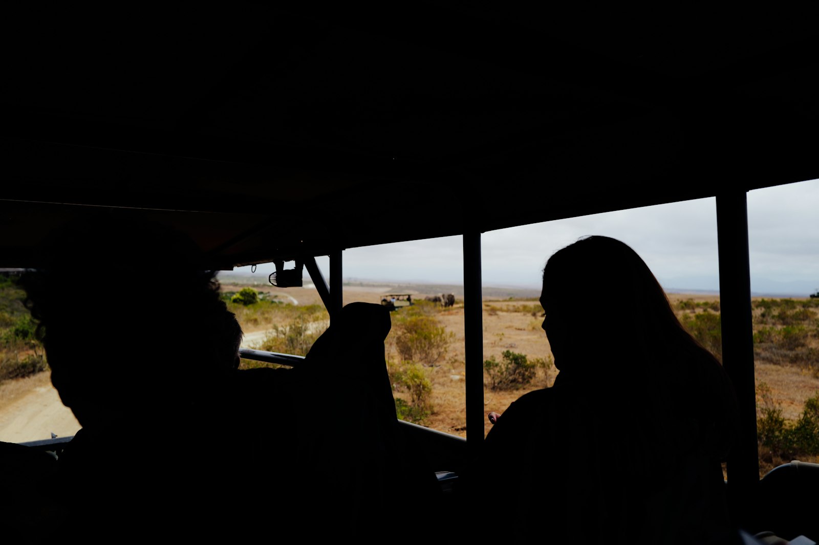 Safari guests silhouetted inside a game drive vehicle looking out over open Kenyan savanna