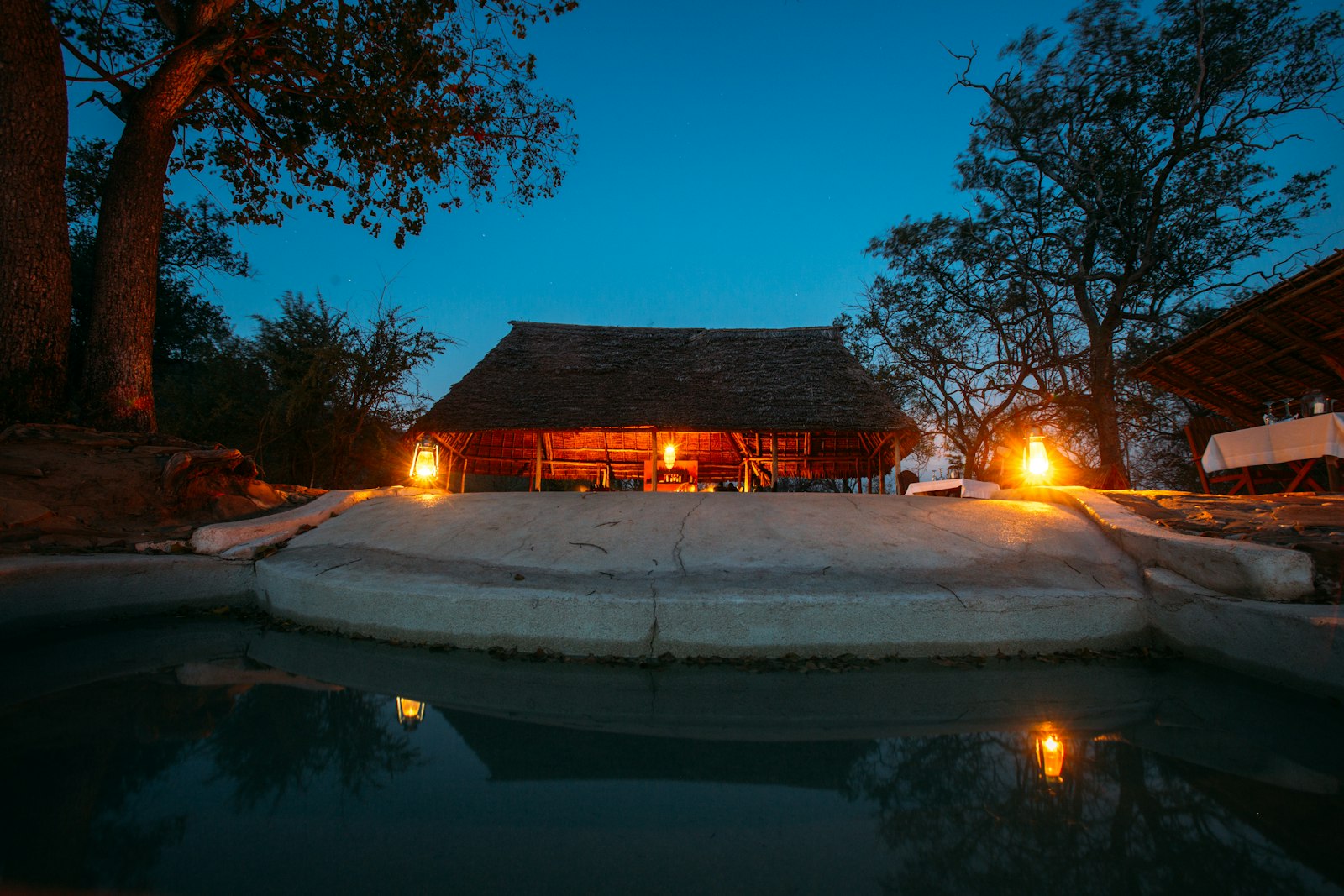Safari lodge with a pool lit up at dusk, an example of a property trade partners book