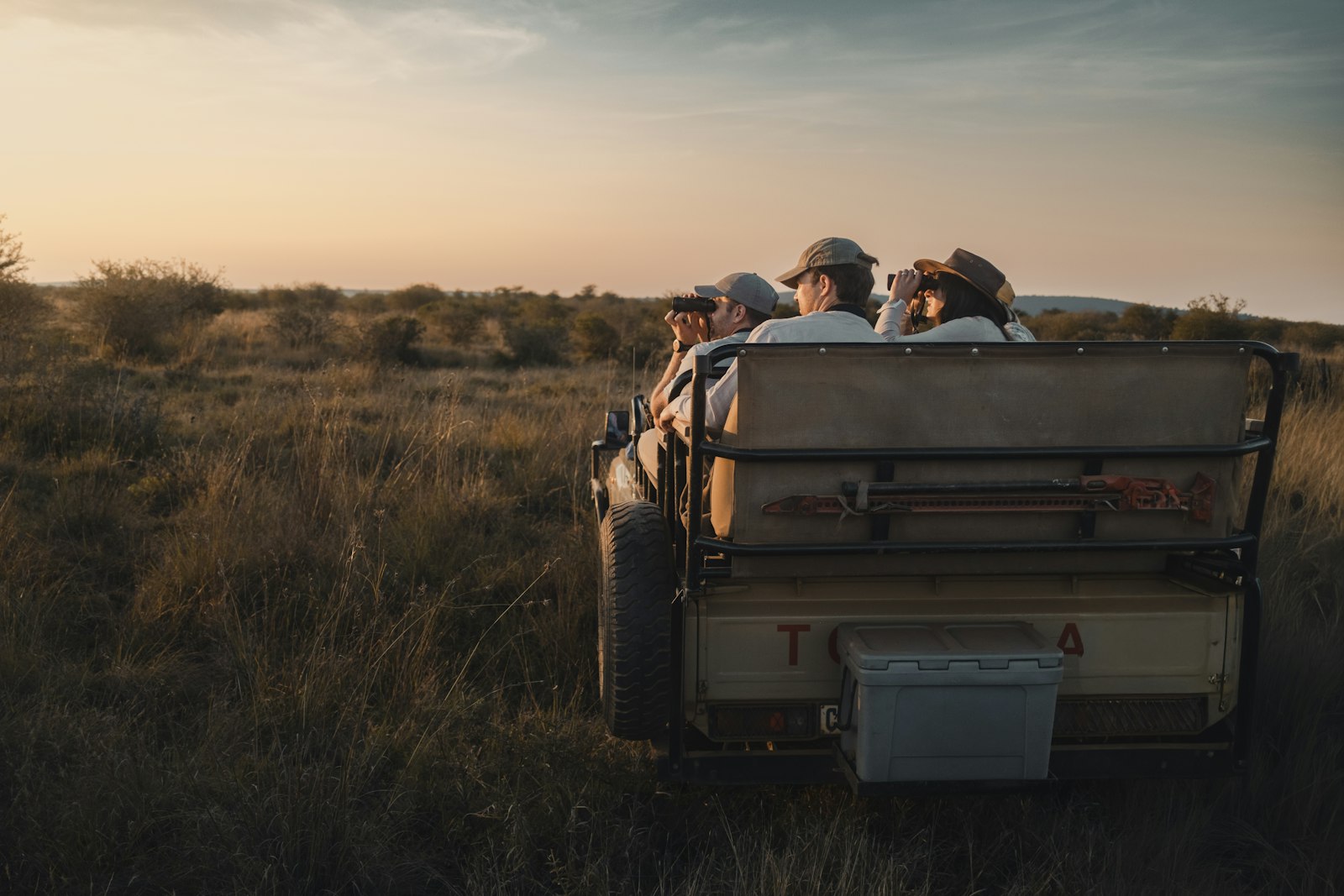 Travellers on an open safari game drive at sunset watching wildlife on the plains