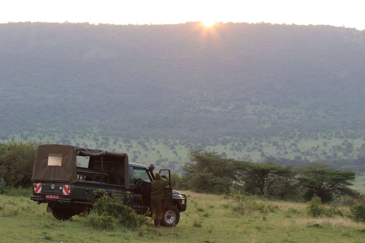 4x4 safari Land Cruiser on a game drive at sunset in Kenya